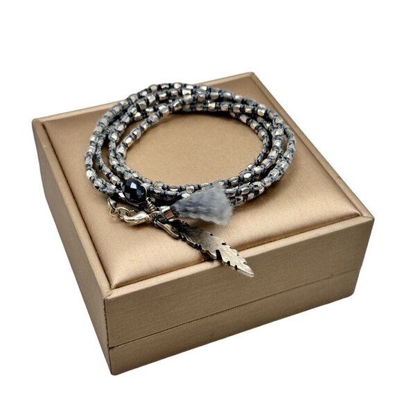 NWT Silver Beaded Braided Multi Wrap Feather Charm Bracelet - Picture 4 of 10